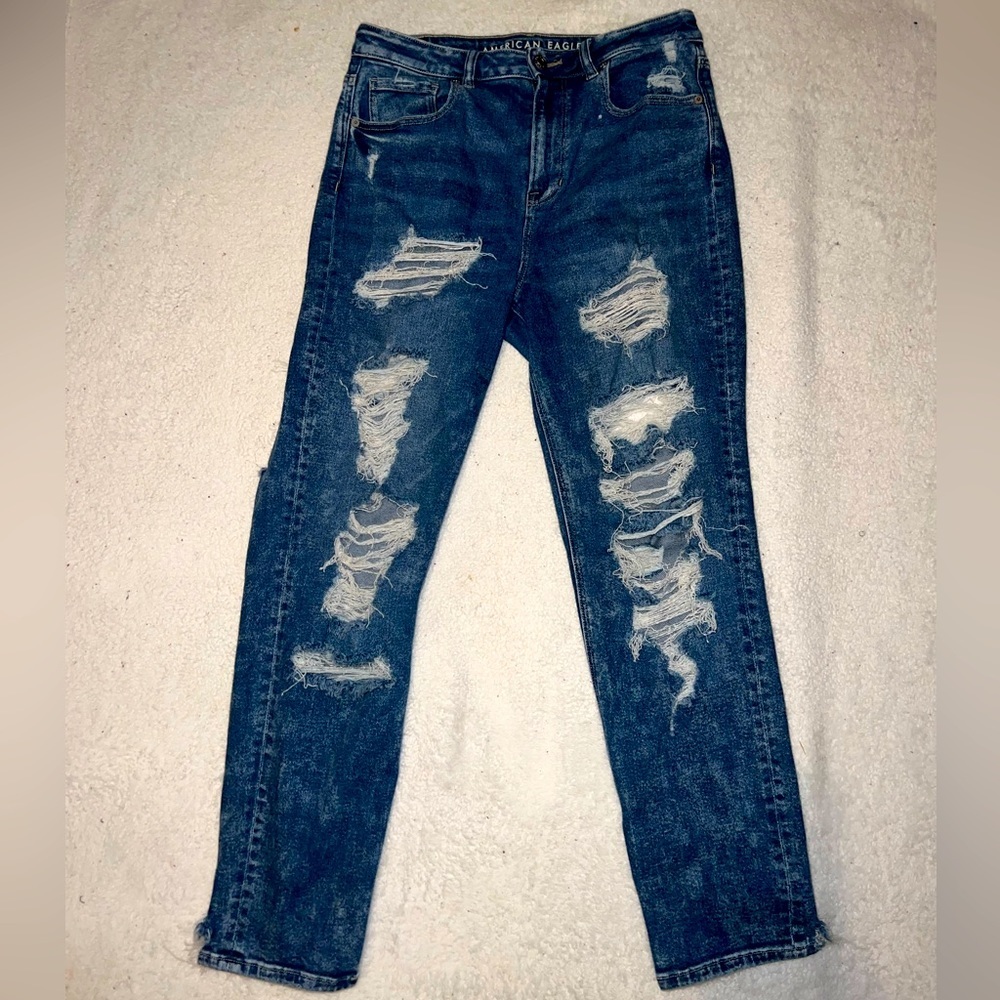 American Eagle Women Distressed/Ripped Stretch Mom Jeans | Size 8 | Dark Denim |